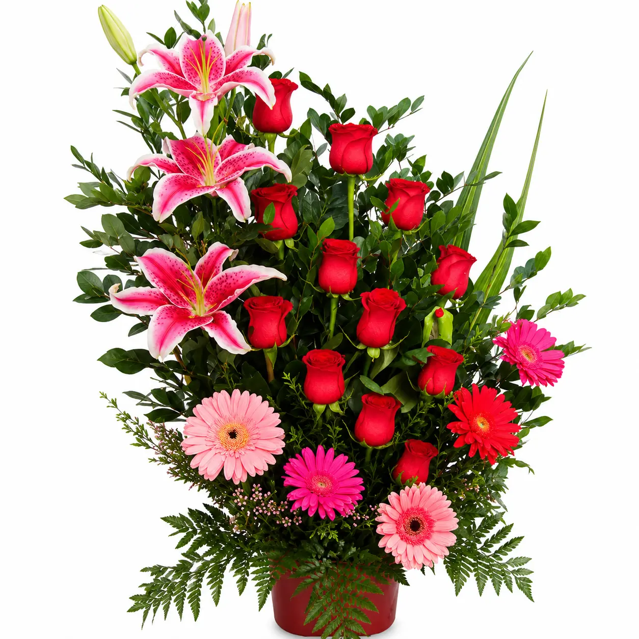 arreglo floral con rosas gerberas y lirios para amor o eventos con entrega en Lima